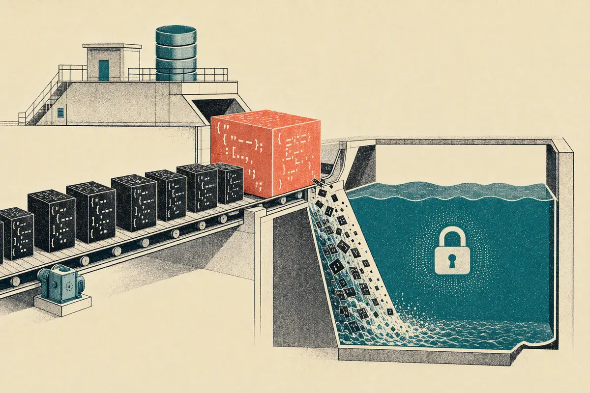 Technical cutaway showing a large coral JSON block diverted from a conveyor into a locked teal storage reservoir.